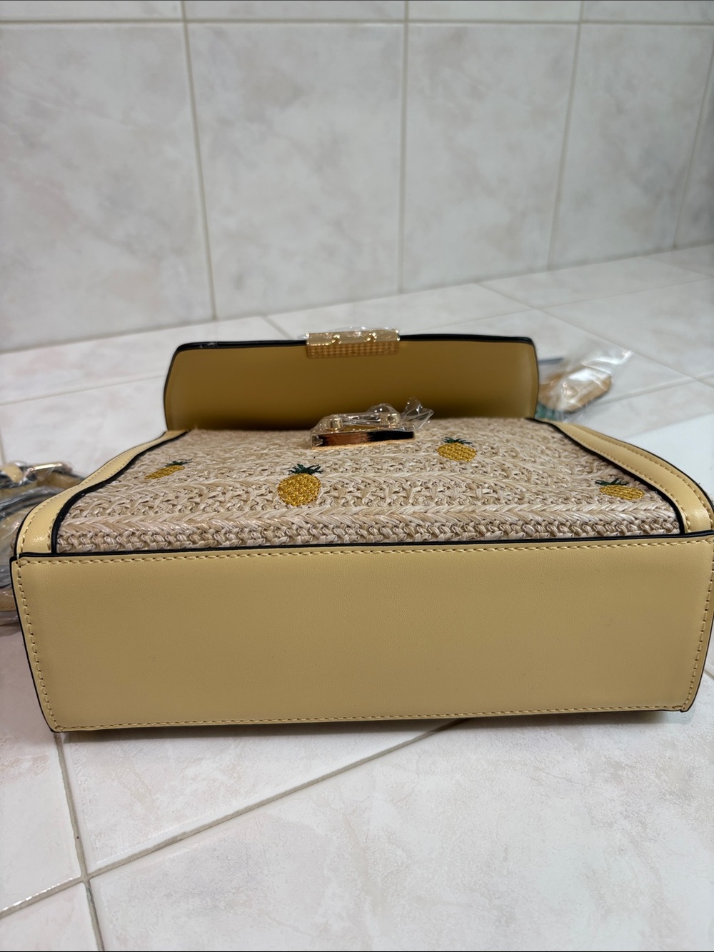 BCBG Generation Pineapple Straw Top-Handle Bag in Yellow with Crossbody Strap - Picture 11 of 11
